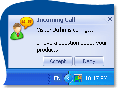 Notificación emergente On Visitor Call (Solicitud de chat de cliente) en la bandeja del sistema