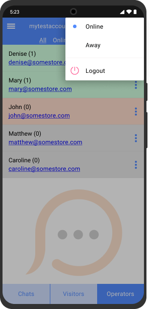 Cambia a modo Ausente para permanecer invisible para tus clientes, pero disponible para tus operadores Modo Ausente en la consola de chat para Android