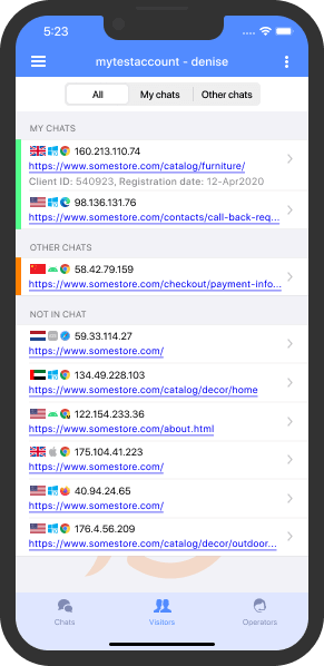 Los visitantes con chats activos aparecen marcados en la lista Lista de visitantes actuales del sitio web y su información