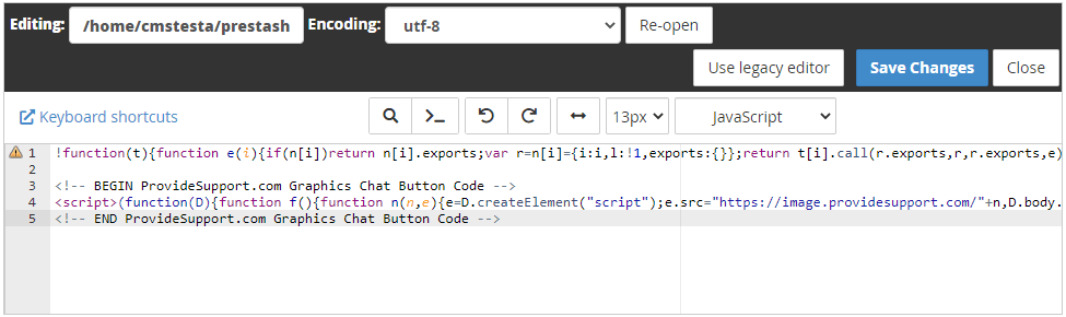 Screenshot of Provide Support code in PrestaShop sources