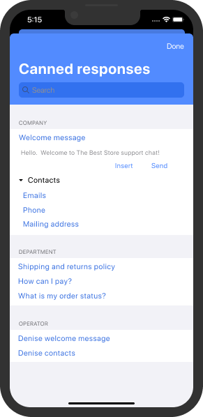 Lista de respuestas estándar en la aplicación de chat en vivo para iOS