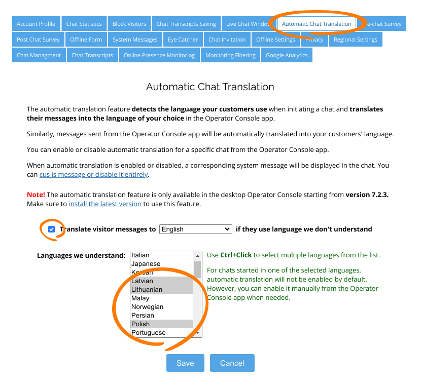 Screenshot of automatic chat translation settings