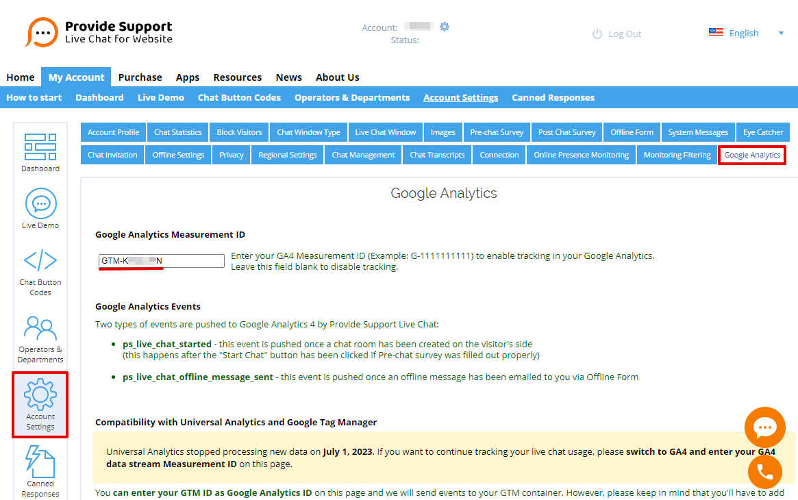Screenshot of Provide Support Google Analytics settings with entered GTM container ID