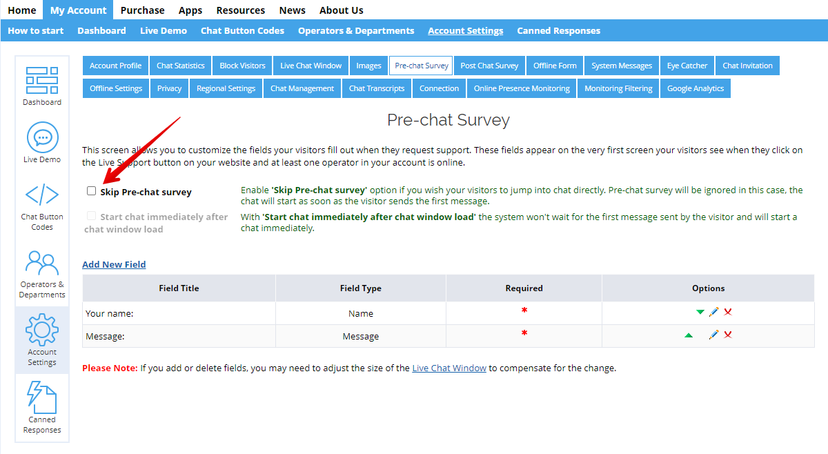 Screenshot of pre-chat survey settings - disabling the survey