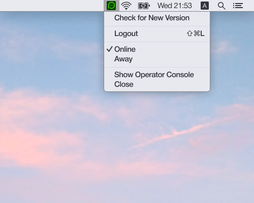 Minimiza la app para operadores de chat en vivo en la barra del menú de Mac OS La app para operadores puede minimizarse en la barra del menú