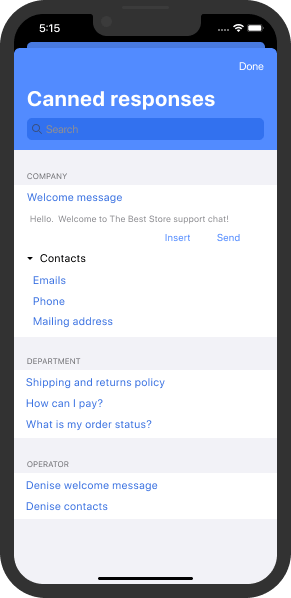 Lista de respuestas estándar en la aplicación de chat en vivo para iOS Lista de respuestas estándar en la aplicación de chat en vivo para iOS