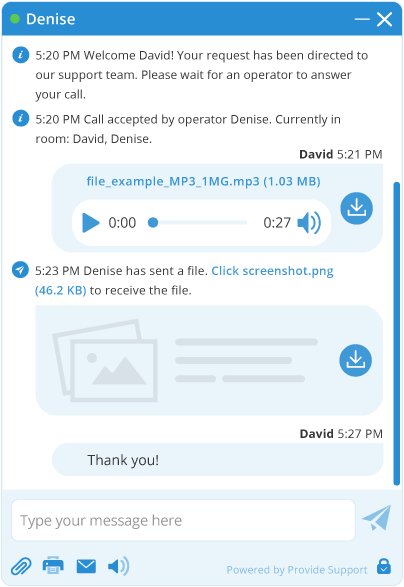 View images and videos, listen to audio files right from the chat messneger window Media files preview in live chat window